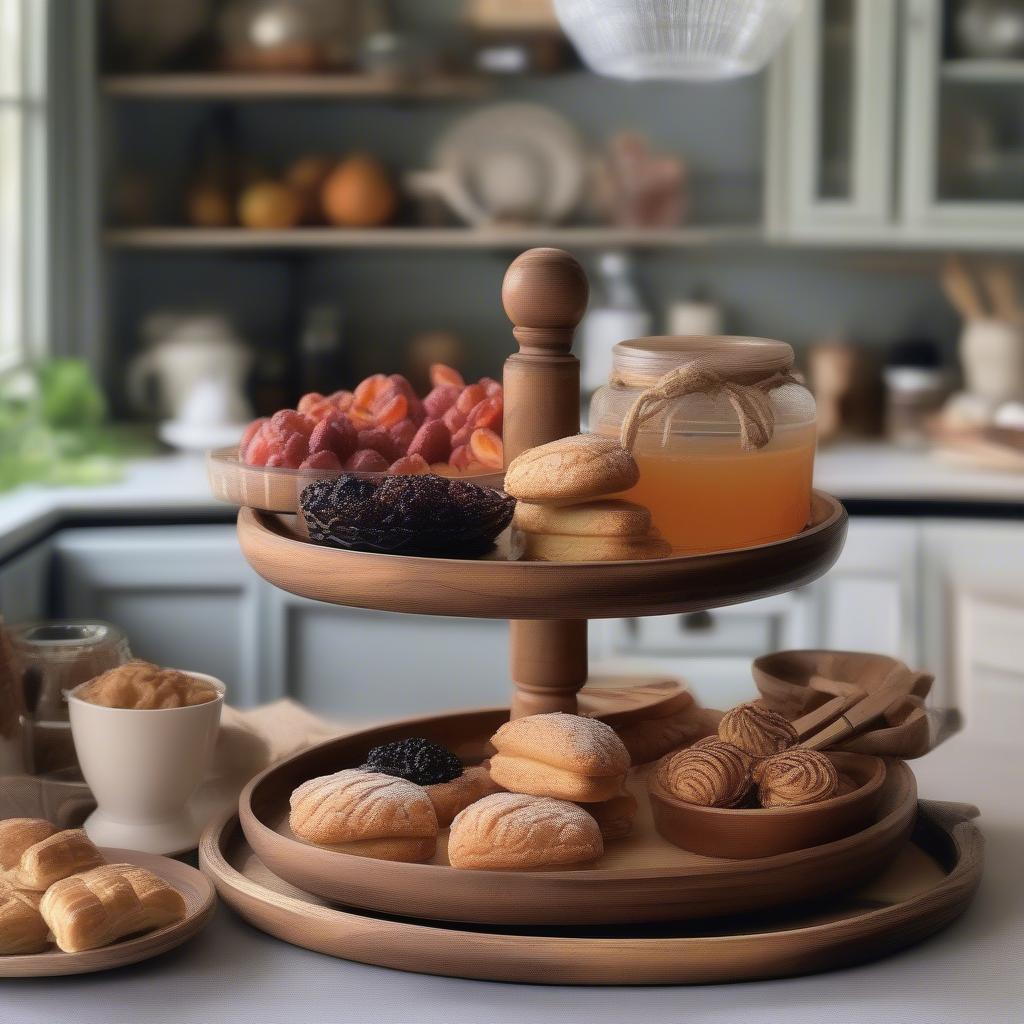 Rustic 3 tier serving tray wood in a kitchen setting, filled with pastries and fruits, displaying its practicality and charm.