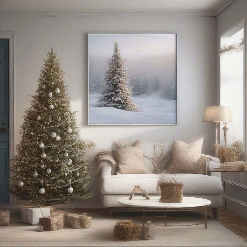 A 30x30 framed Christmas wall art hanging above a sofa in a festively decorated living room.