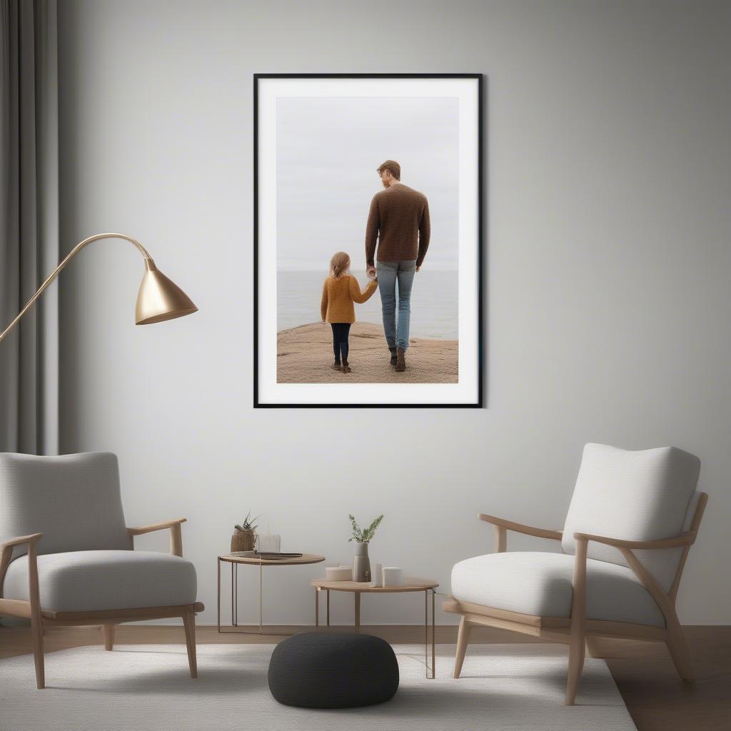 Modern 30x40 photo frame hanging on a white wall in a living room, showcasing a family portrait.