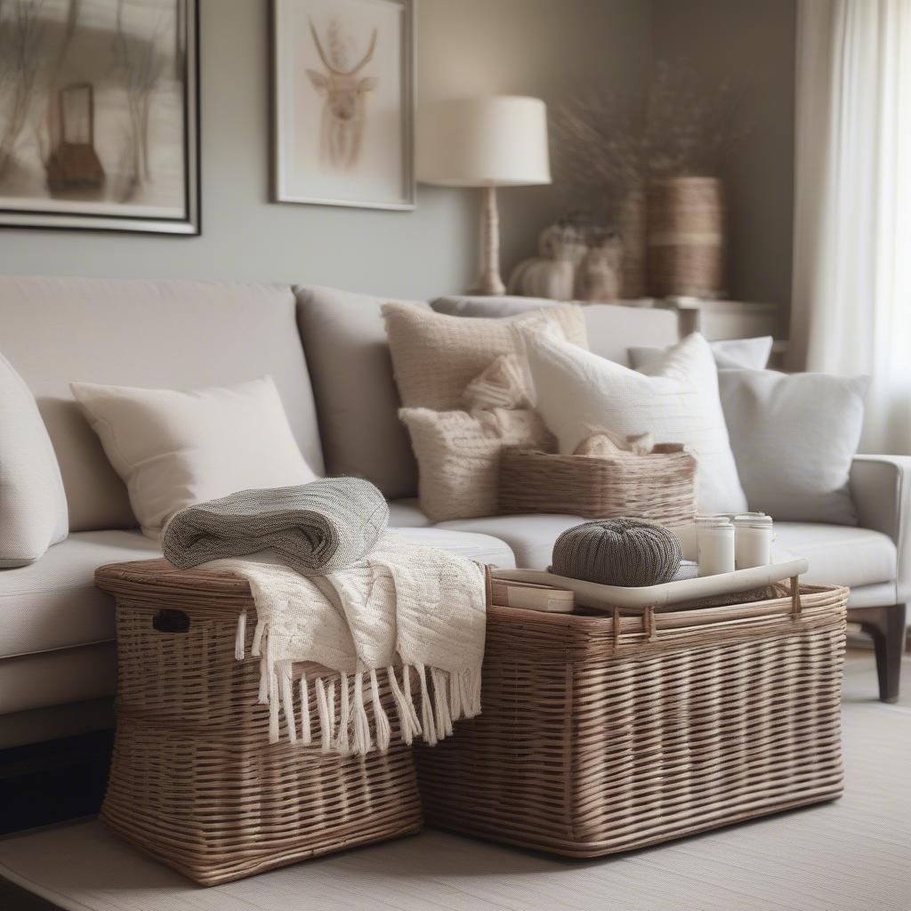 Wicker Basket with 45x23 Dimensions in Living Room Setting