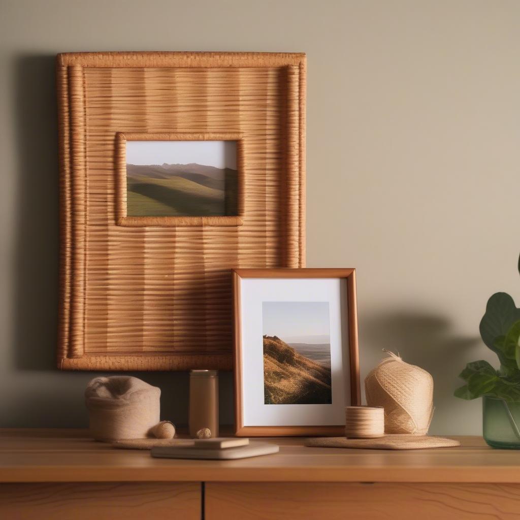 4x10 wicker photo frame displaying a panoramic landscape photo in a living room setting