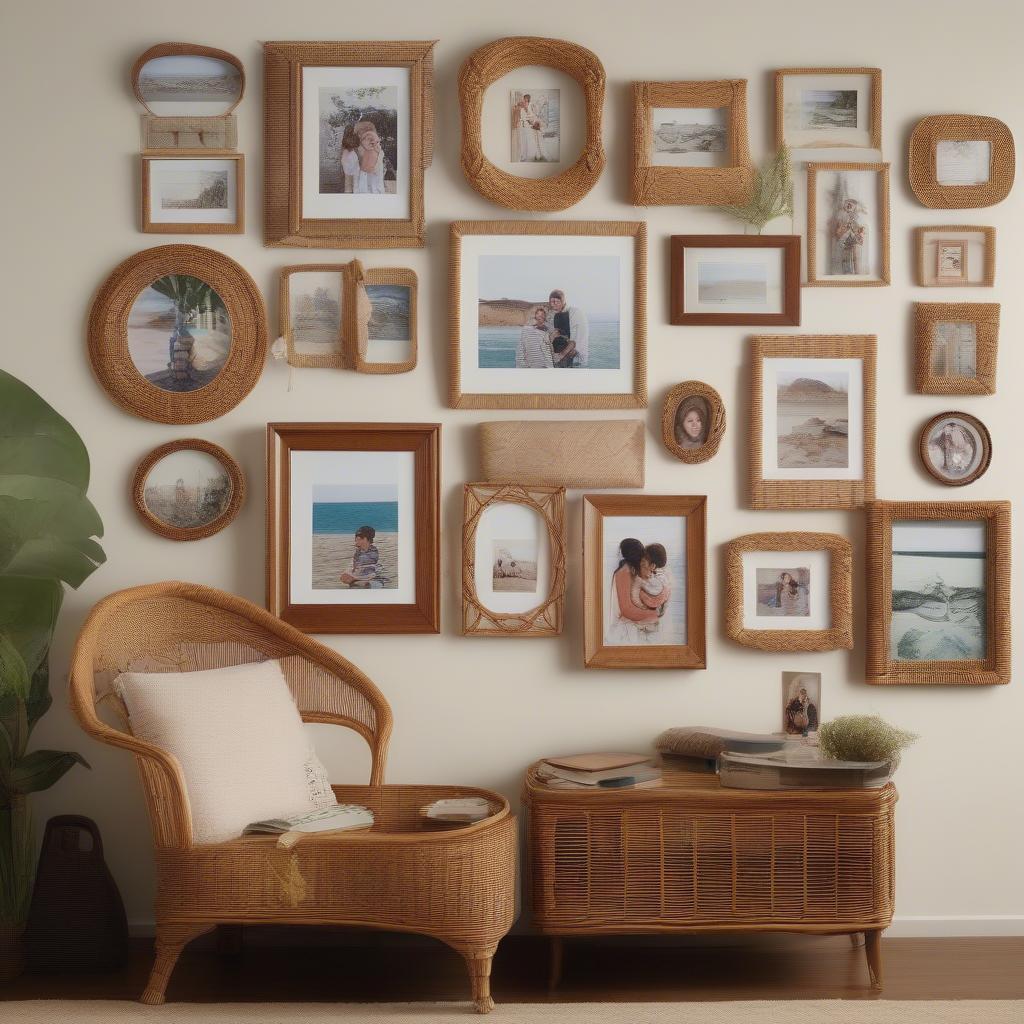 A gallery wall featuring a mix of wicker 8x10 picture frames, creating a cohesive and stylish display.