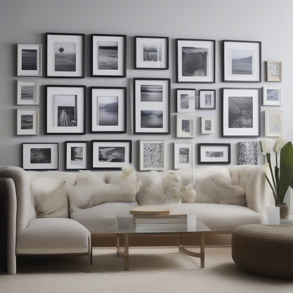 Gallery wall featuring 8x10 prints with various matting styles and colors