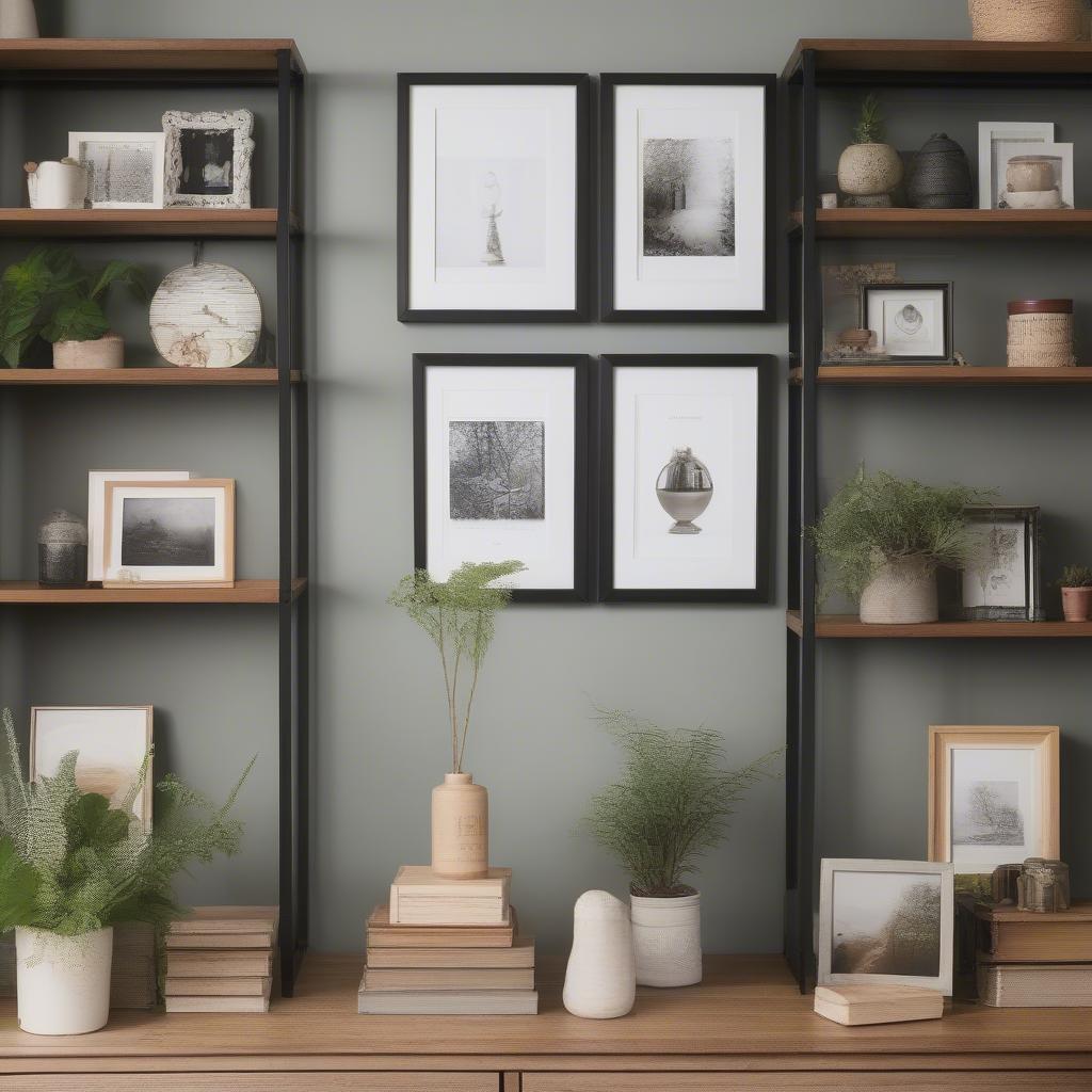 8x10 prints displayed on shelves alongside books and decorative objects