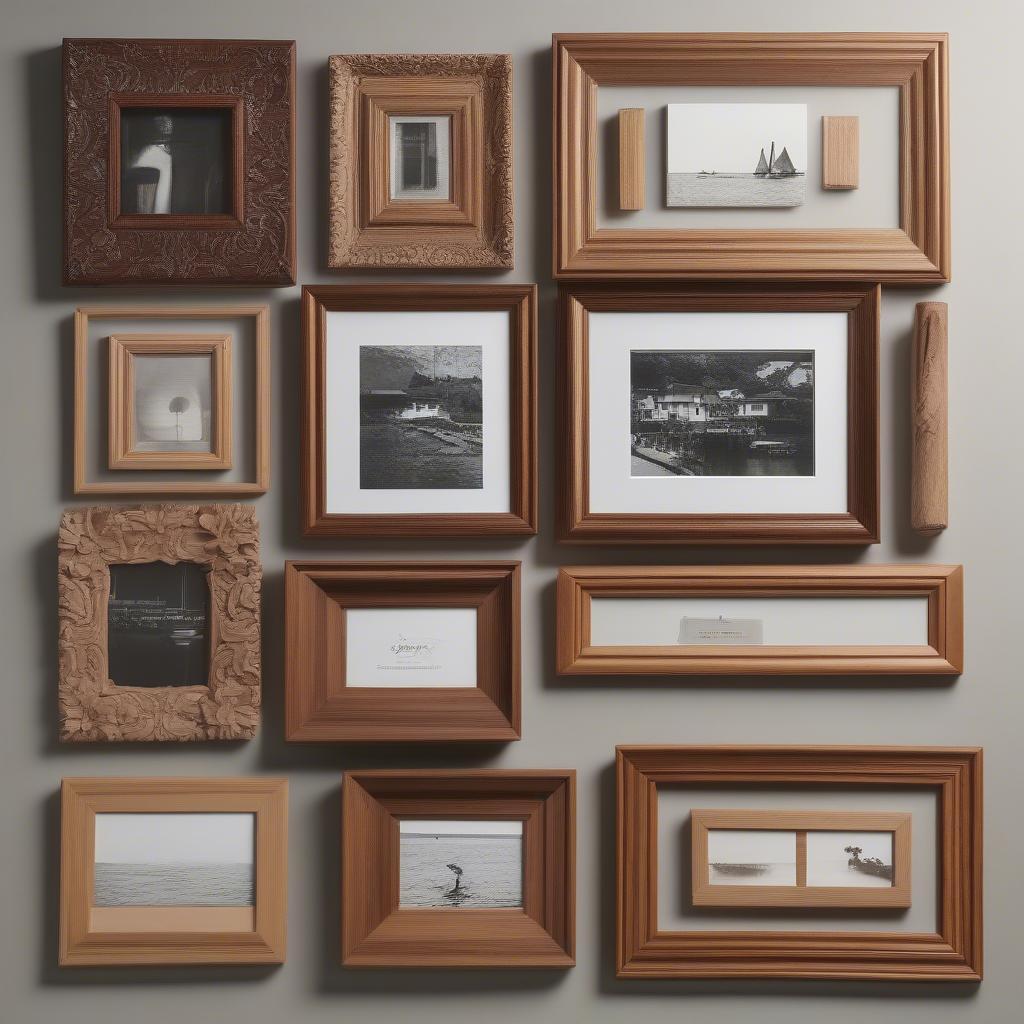 8x10 wooden hanging picture frames in various wood finishes and styles, displayed on a wall