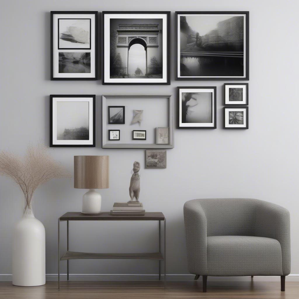 Various styles of 8x8 black frames, from minimalist to ornate, demonstrating how they can complement different types of artwork and photography.