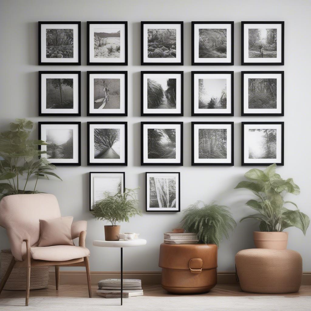 8x8 picture prints arranged on a gallery wall, showcasing different framing styles and image subjects.