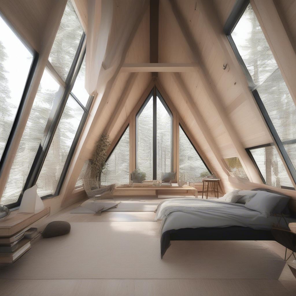 Modern A-Frame Cabin Interior with Large Windows