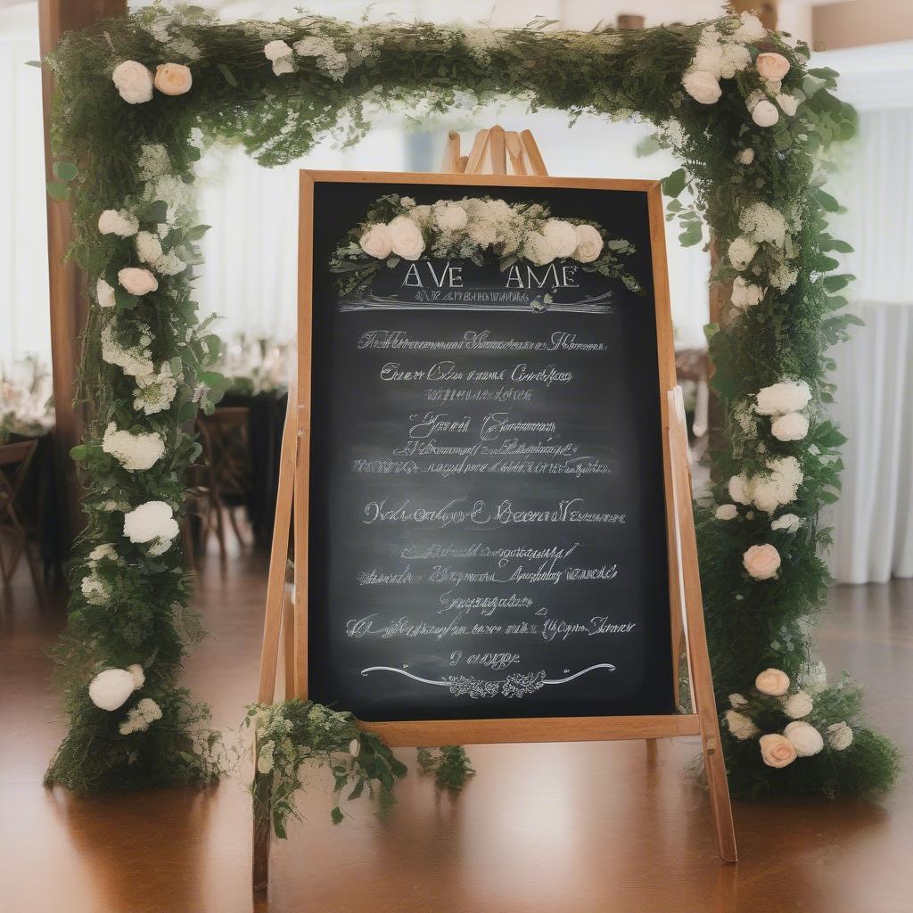 A-frame chalkboard sign used as wedding decor