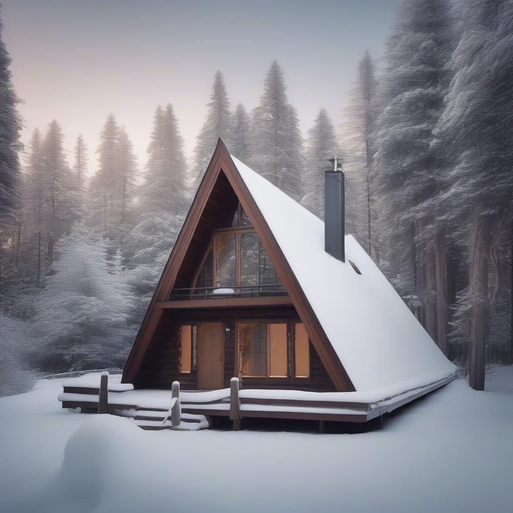 A-frame house in a snowy winter landscape