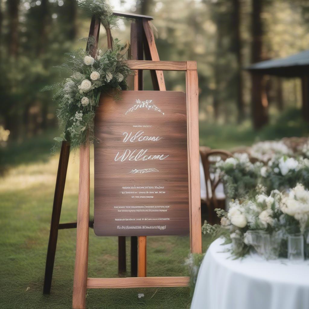 A frame sign wood used at a rustic wedding