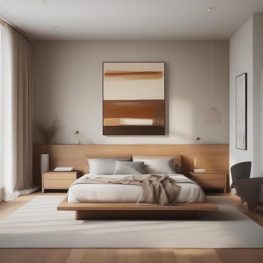 Textured abstract wall painting in warm earth tones adds depth and visual interest to a modern bedroom.