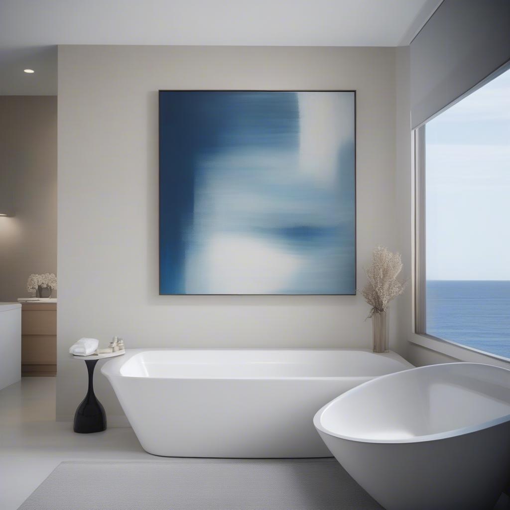 Abstract blue canvas art in a minimalist bathroom