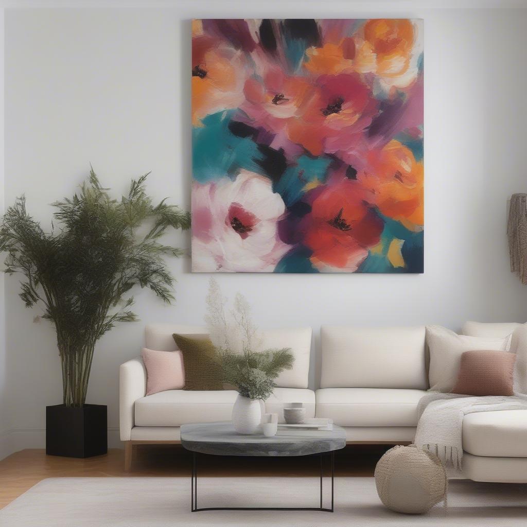 Abstract floral canvas art in a modern living room