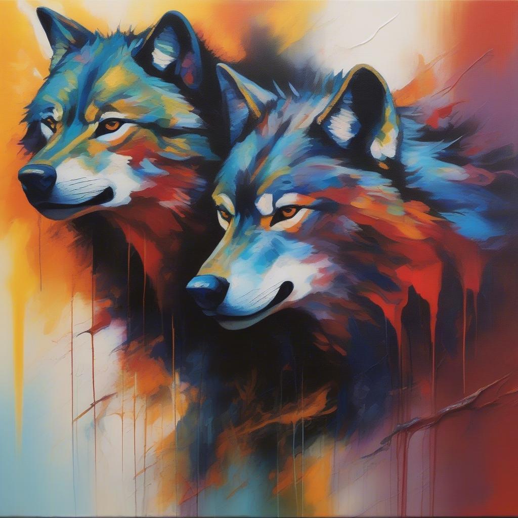 Abstract Two Wolves Drawing