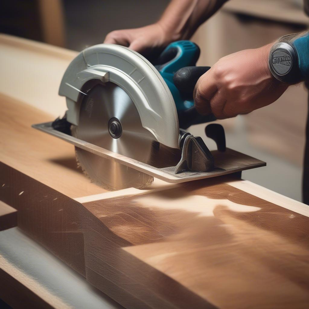 A carpenter cutting an acacia wood board