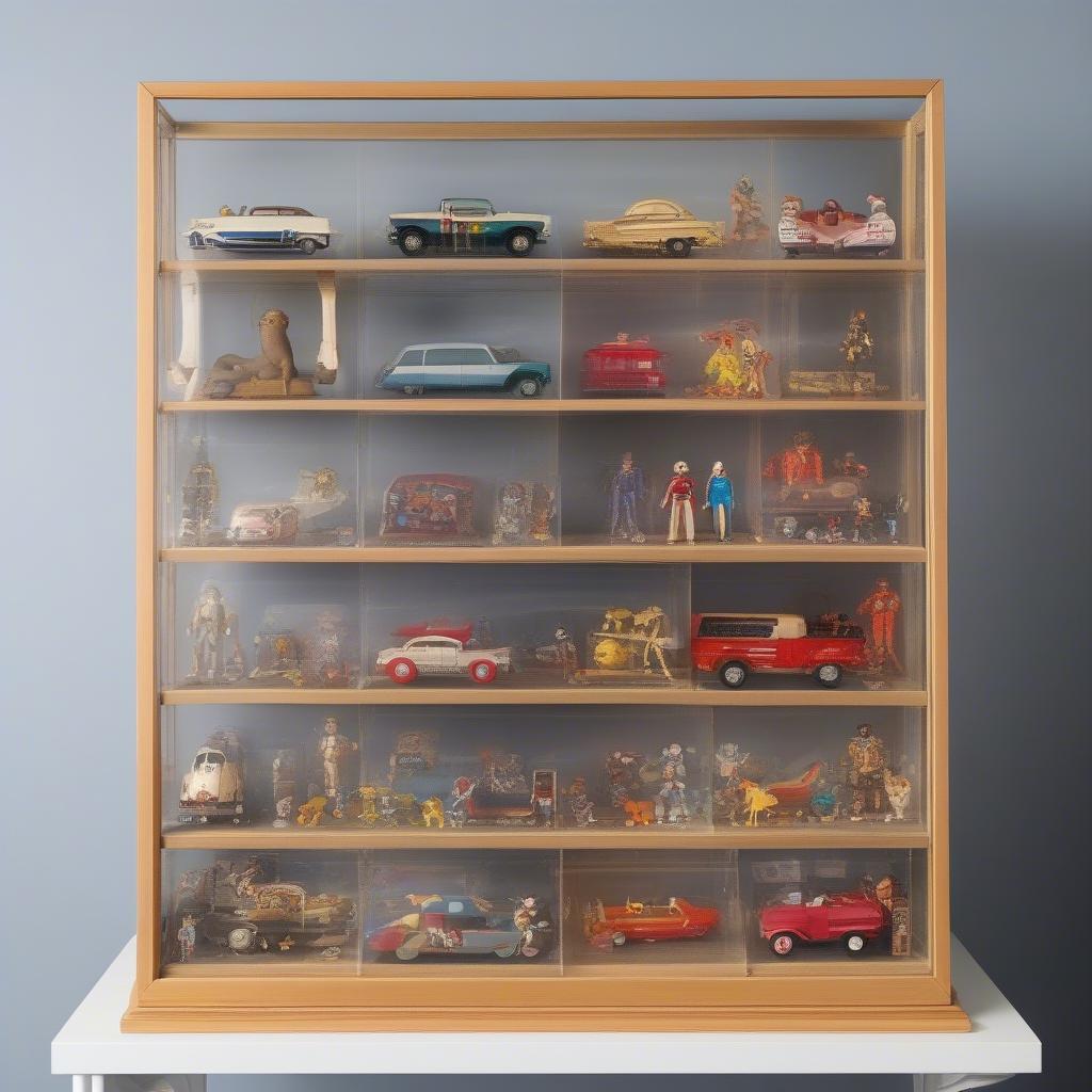 Acrylic box frame showcasing a collection of vintage toys