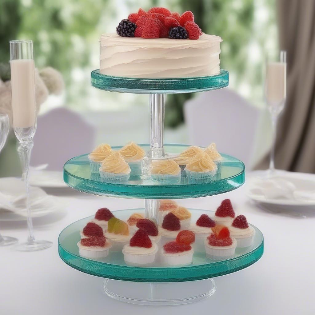 Acrylic cake stands used in different event settings, such as weddings, birthdays, and corporate events.