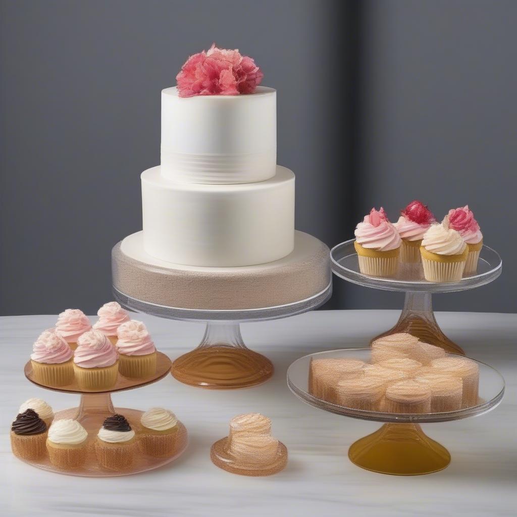 Acrylic cake stands in various designs and sizes for different occasions.