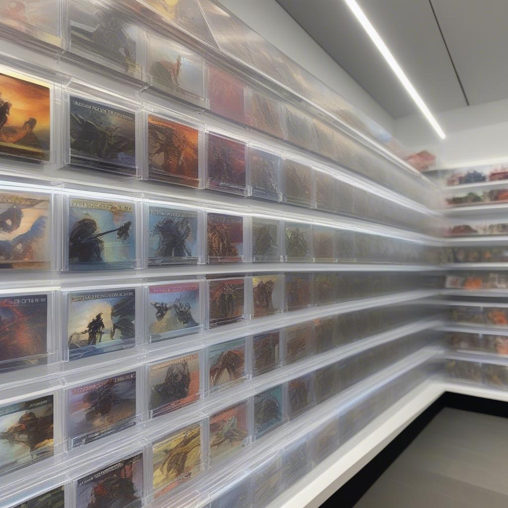 Acrylic card shelves displaying a collection of trading cards