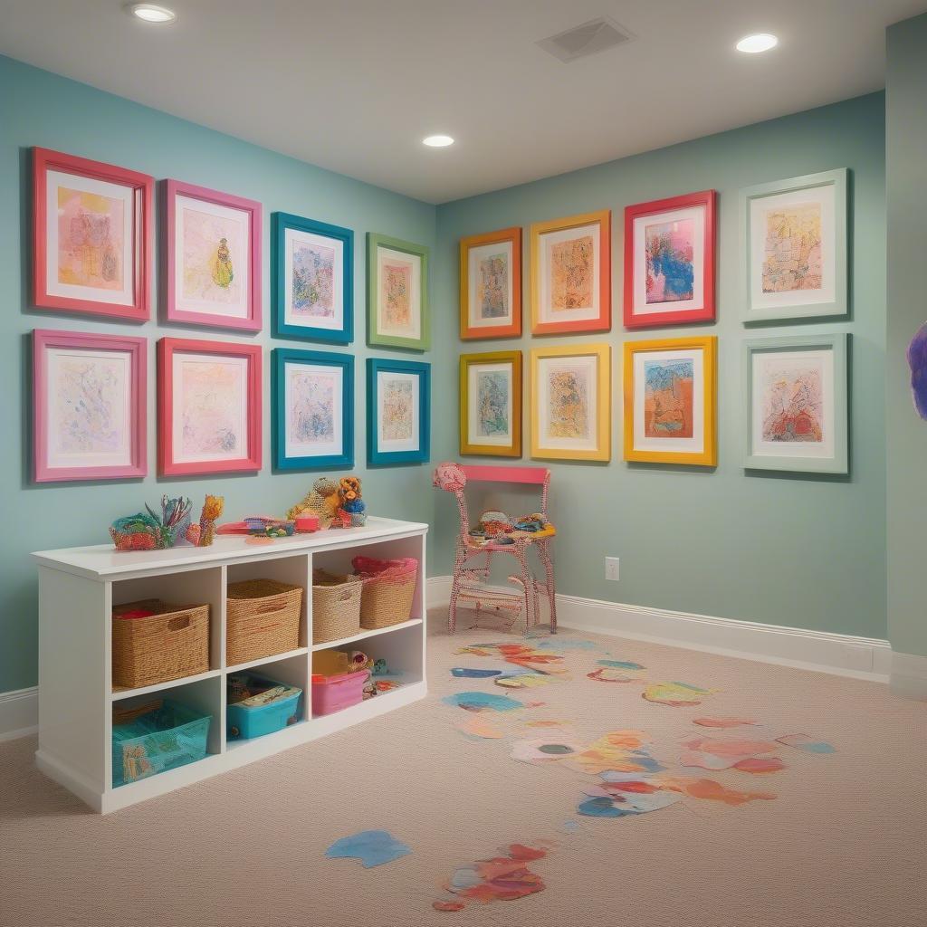 Acrylic frames displaying children's artwork in a playroom