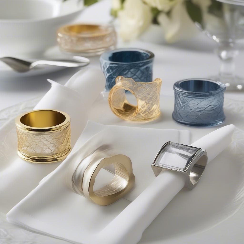 A variety of acrylic napkin rings showcasing different colors, shapes, and designs.