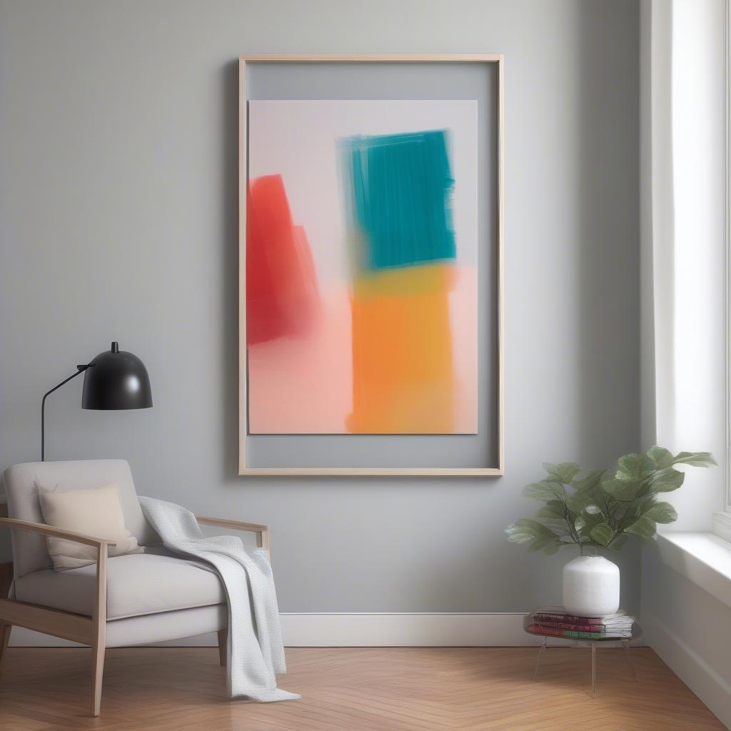 Crystal-clear acrylic poster frame 24x36 showcasing a vibrant art print in a modern living room.