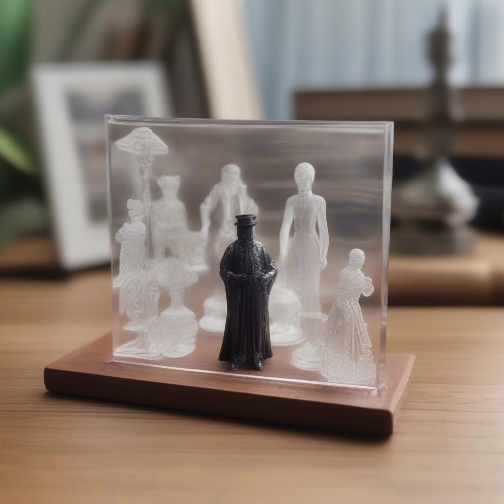 Acrylic small stand showcasing a collection of vintage figurines.