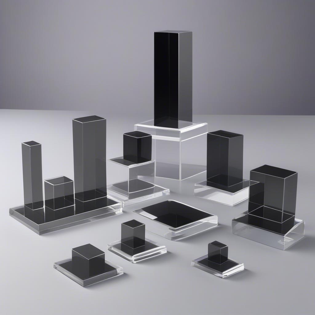 Various acrylic small stands in different shapes and sizes for diverse display needs.