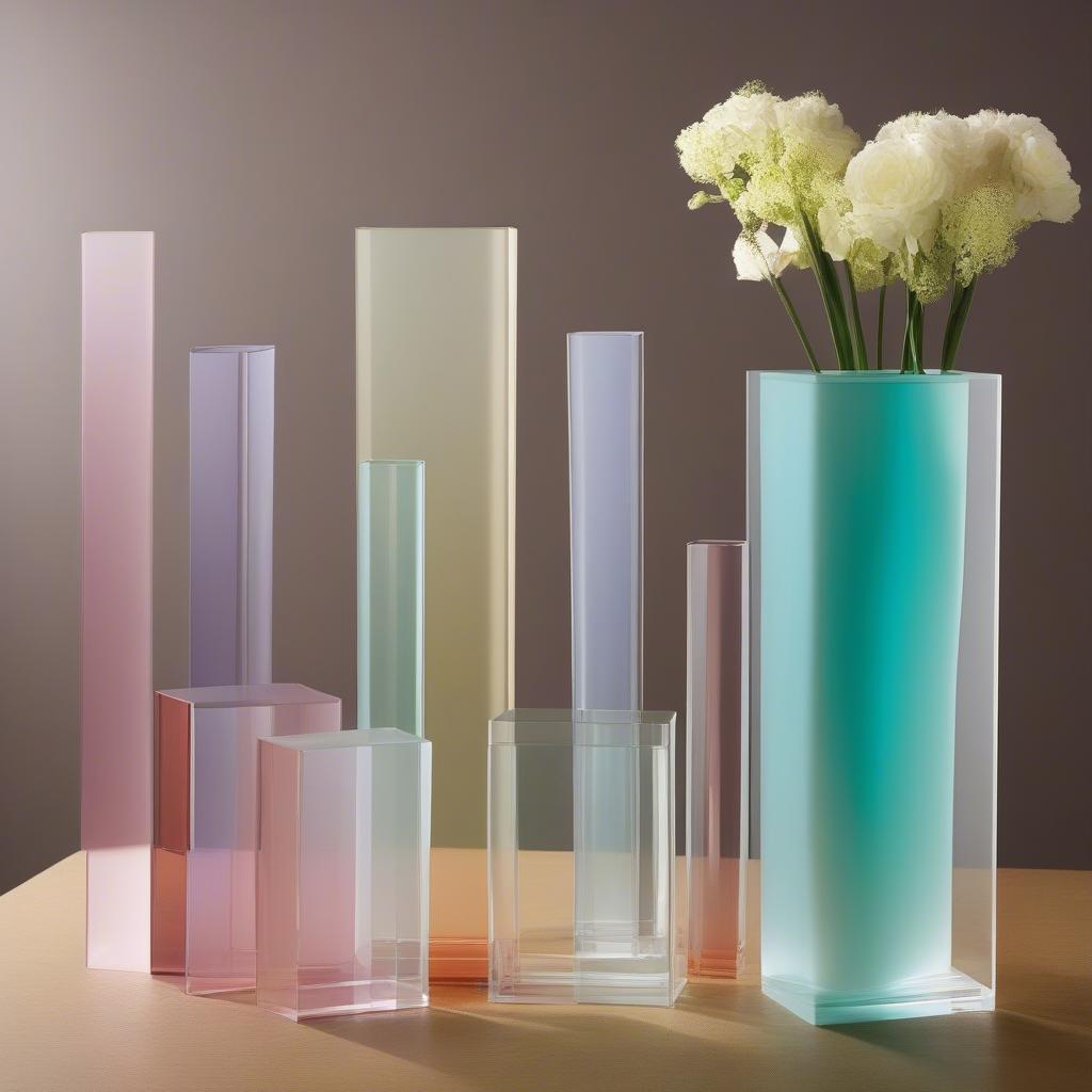 Various shapes of acrylic vases available for bulk purchase.