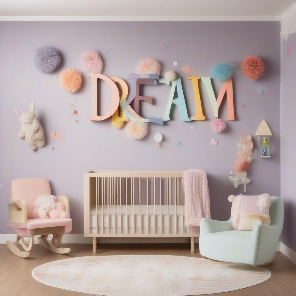 Colorful acrylic word applique brightens a nursery wall