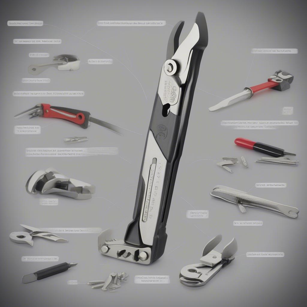 Close-up of an adjustable wrench multi tool showing various components like the wrench, screwdriver bits, and knife