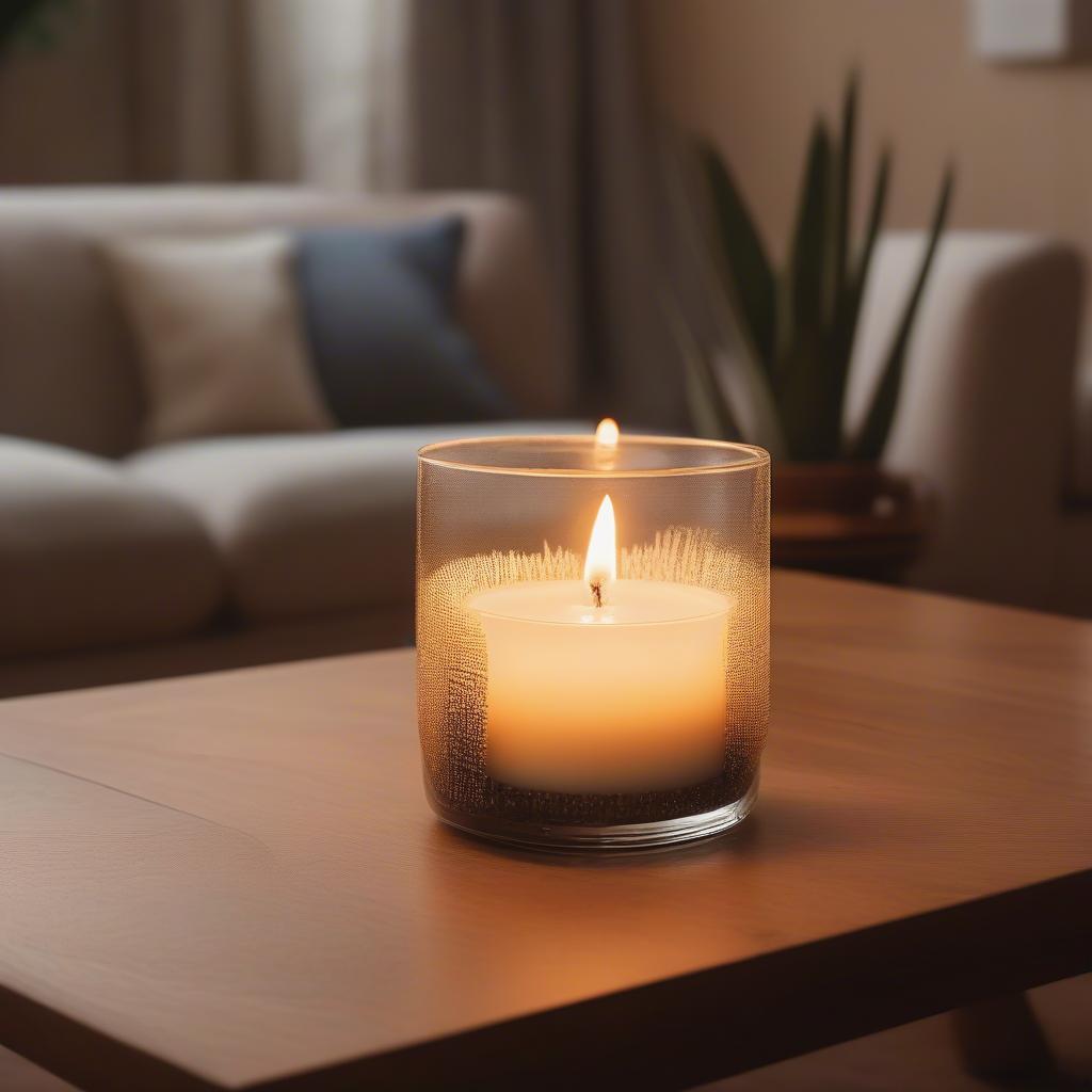 Agave candle emitting a soft, warm glow in a cozy living room setting