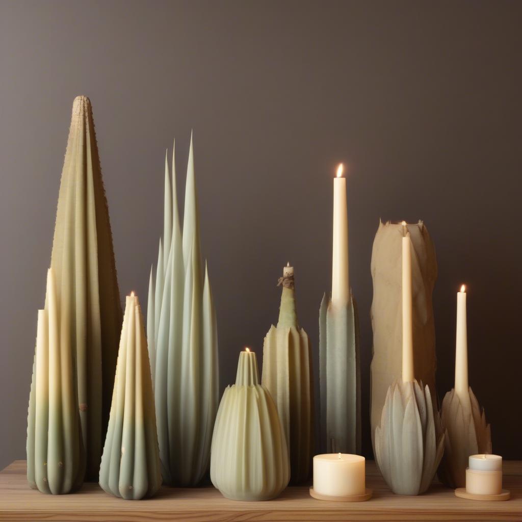 Different sizes and shapes of agave candles displayed on a shelf