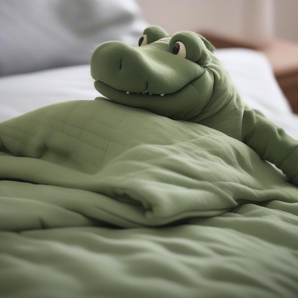 Alligator Warmie Resting on a Bed