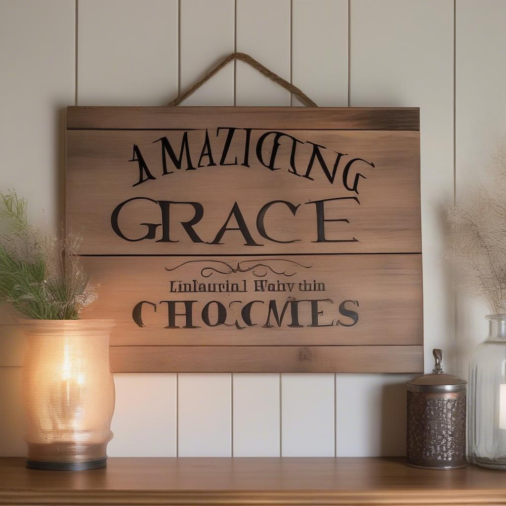 Rustic wooden Amazing Grace sign hanging on a living room wall