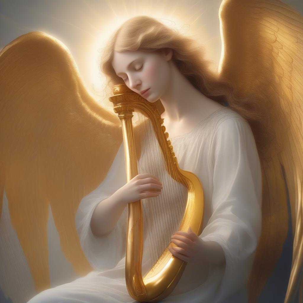 An angel playing a golden harp, creating a celestial melody