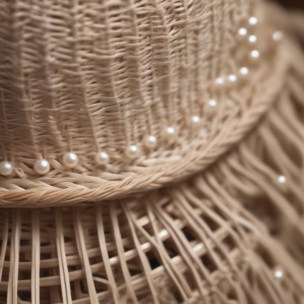 Close-up of an intricately woven angel hat showcasing the detailed craftsmanship