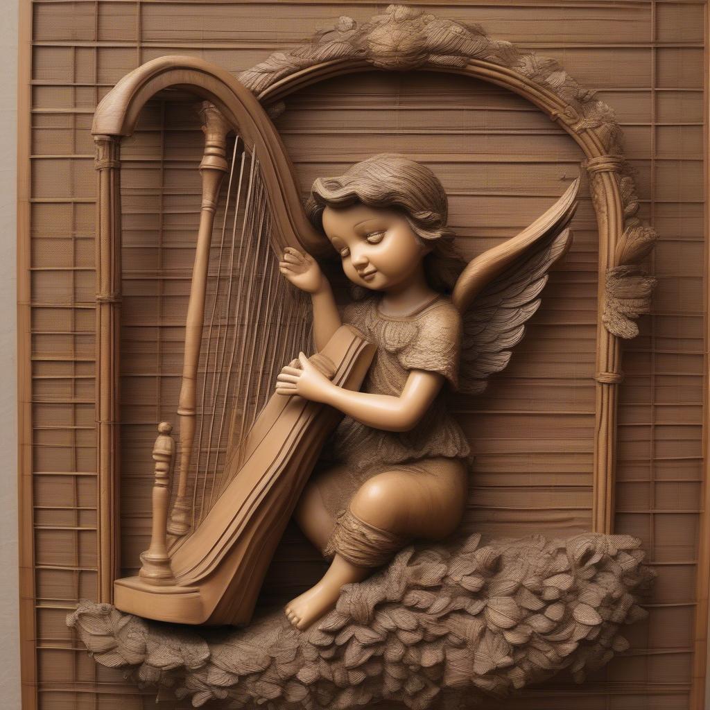 Angel playing harp rattan wall decor