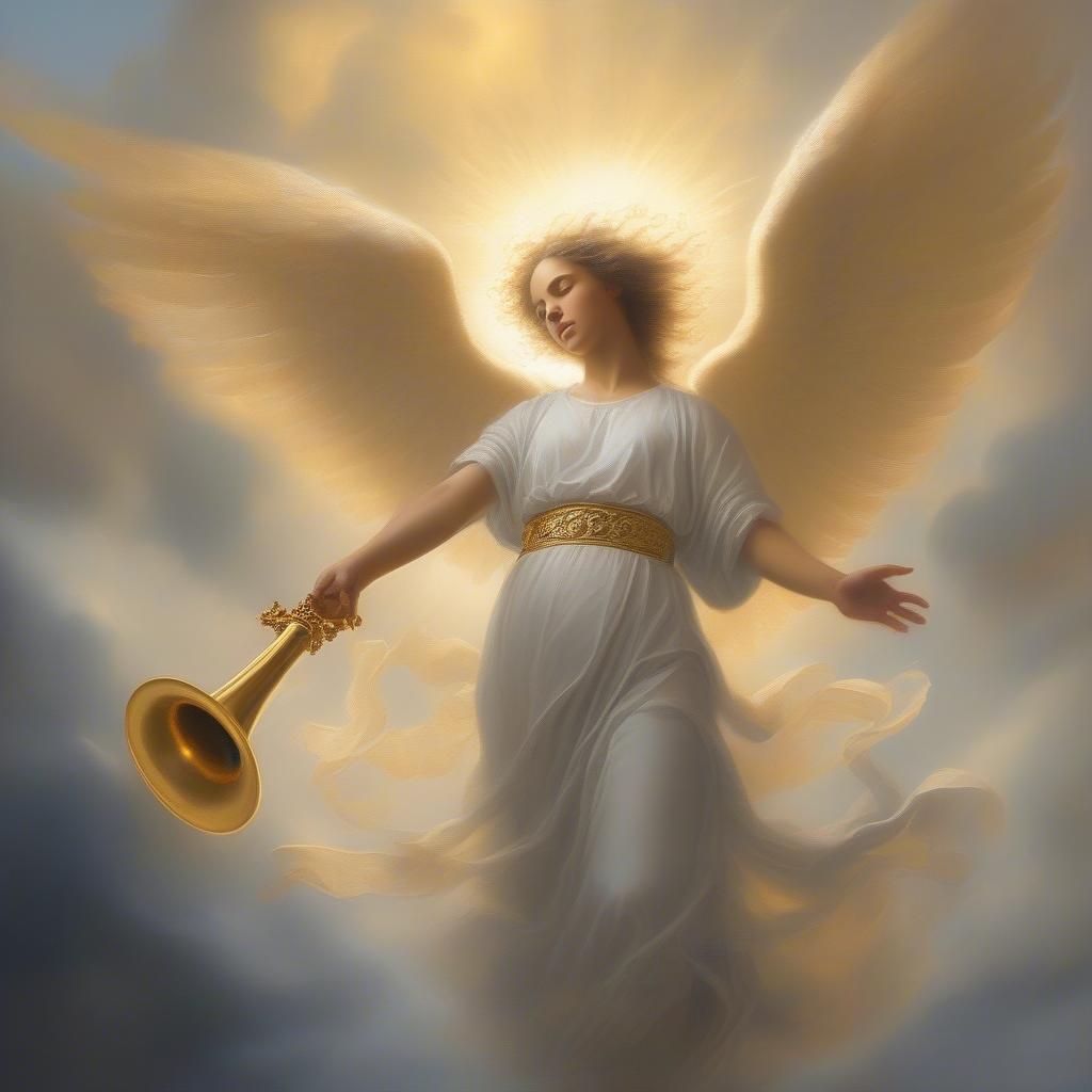 An angel blowing a trumpet, making a divine announcement