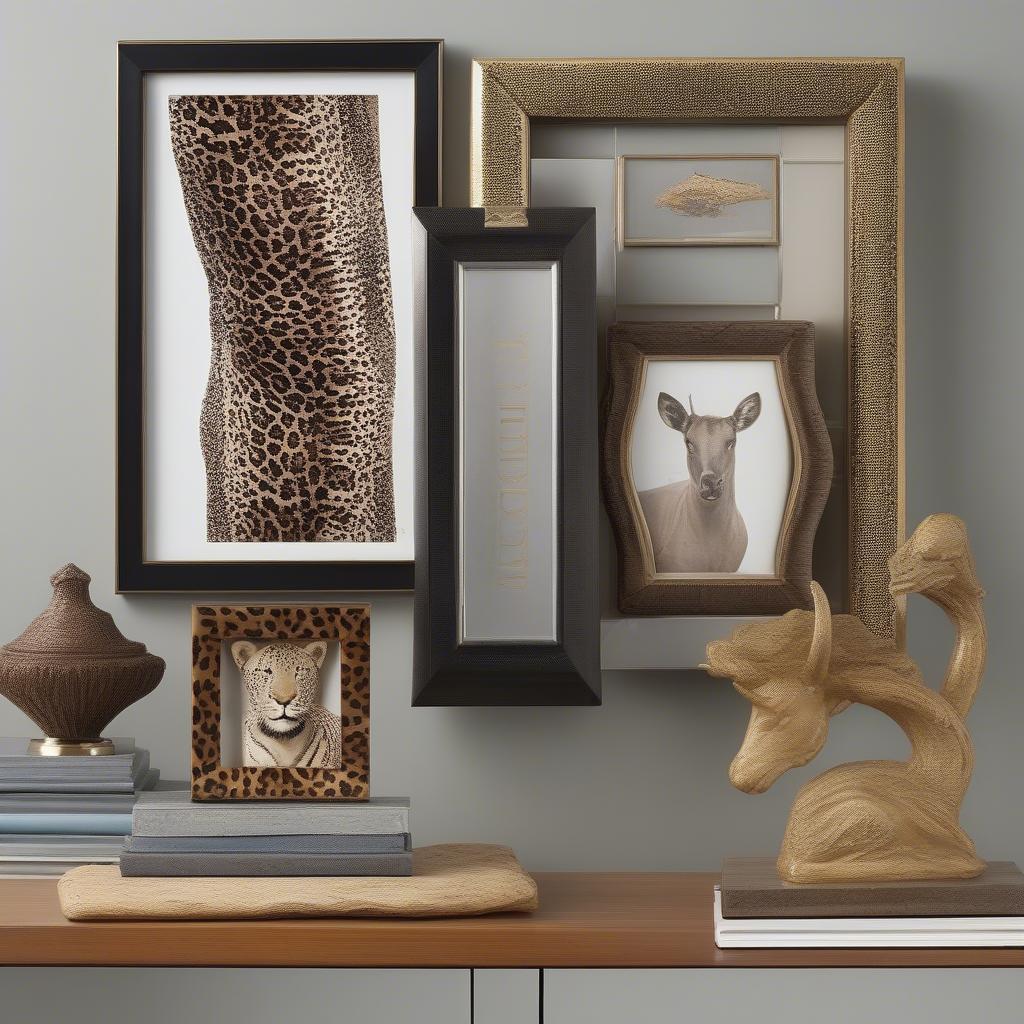 Animal print frames crafted from different materials like wood, metal, and resin, each showcasing a unique finish.