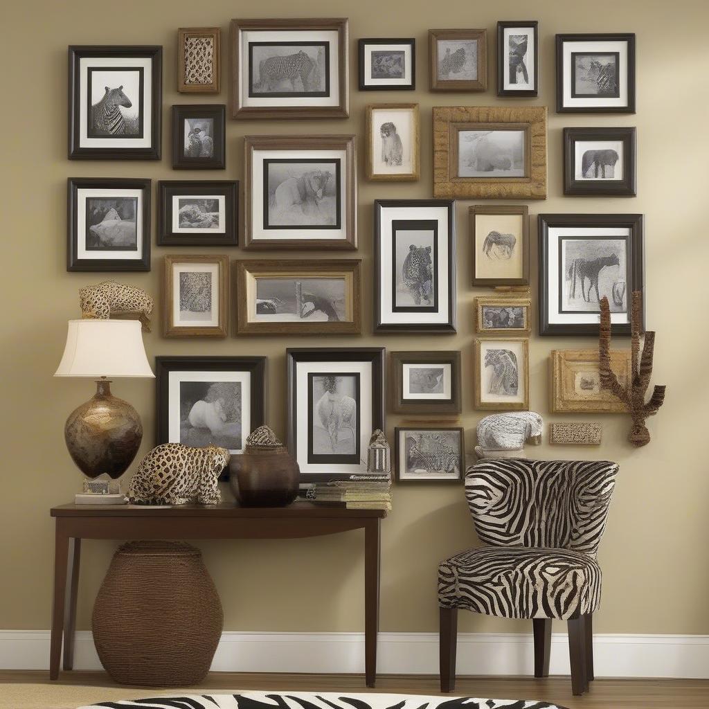 A gallery wall featuring a mix of animal print picture frames in various sizes and animal prints.