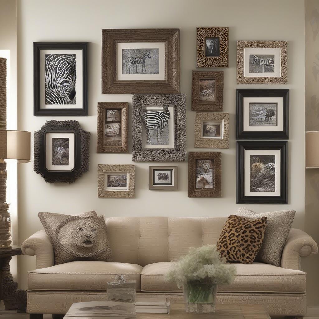 Animal print picture frames in various patterns like zebra, leopard, and cheetah displayed on a wall