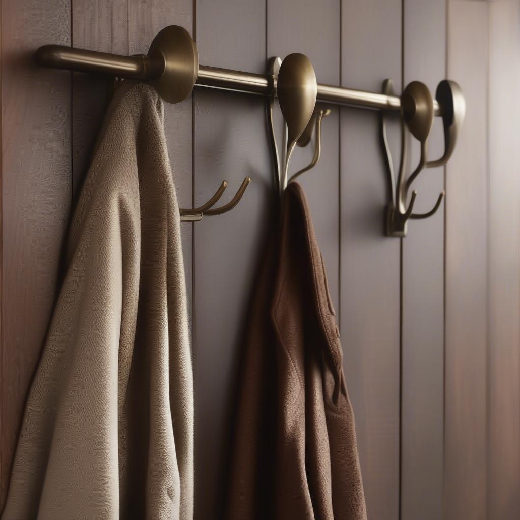 Antique Brass Hooks on a Wooden Coat Rack