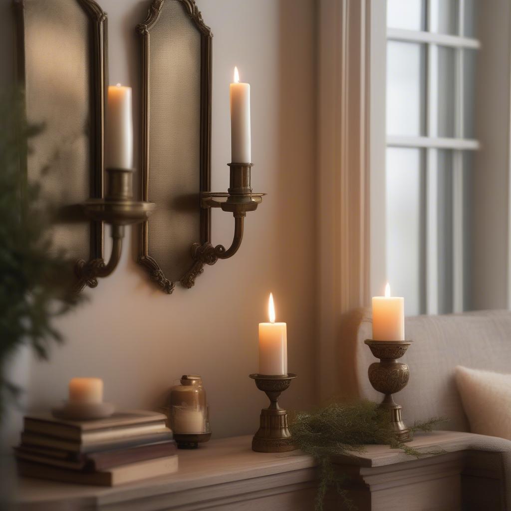 Antique Brass Wall Sconces Illuminating a Living Room