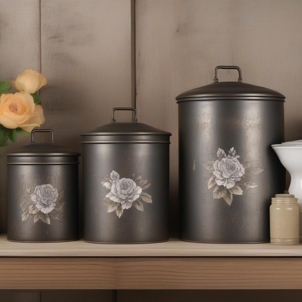 Antique Kitchen Canister Set: Vintage Metal Canisters with Floral Design