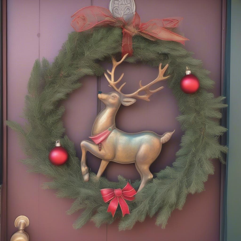 Antique Metal Christmas Sign with Reindeer