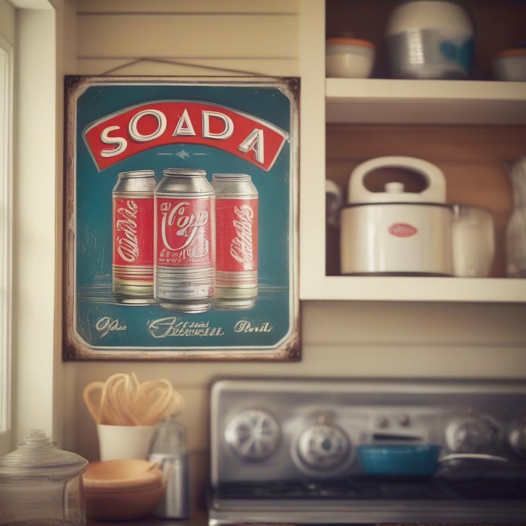 Antique tin sign in a kitchen