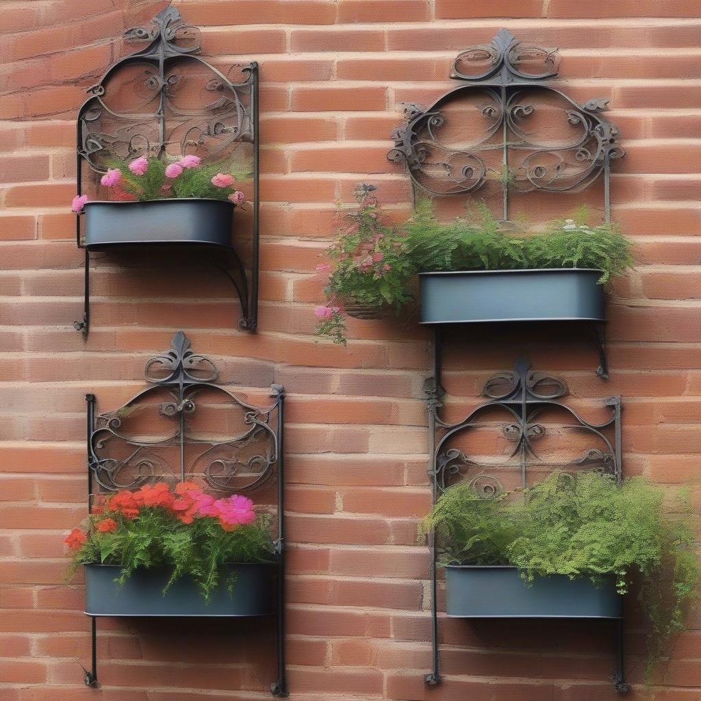 Antique wrought iron wall planters filled with vibrant flowers in a vintage garden setting