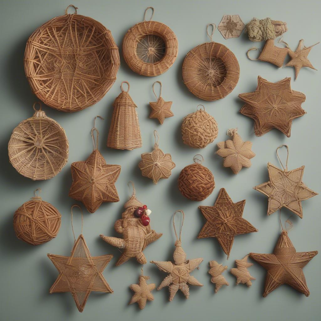 Antique wicker Christmas decorations showcasing traditional craftsmanship.